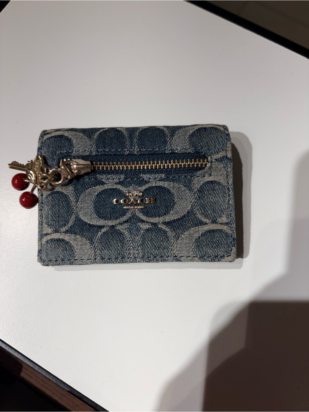 Coach denim Card Case with Red Cherry Charm new with tag